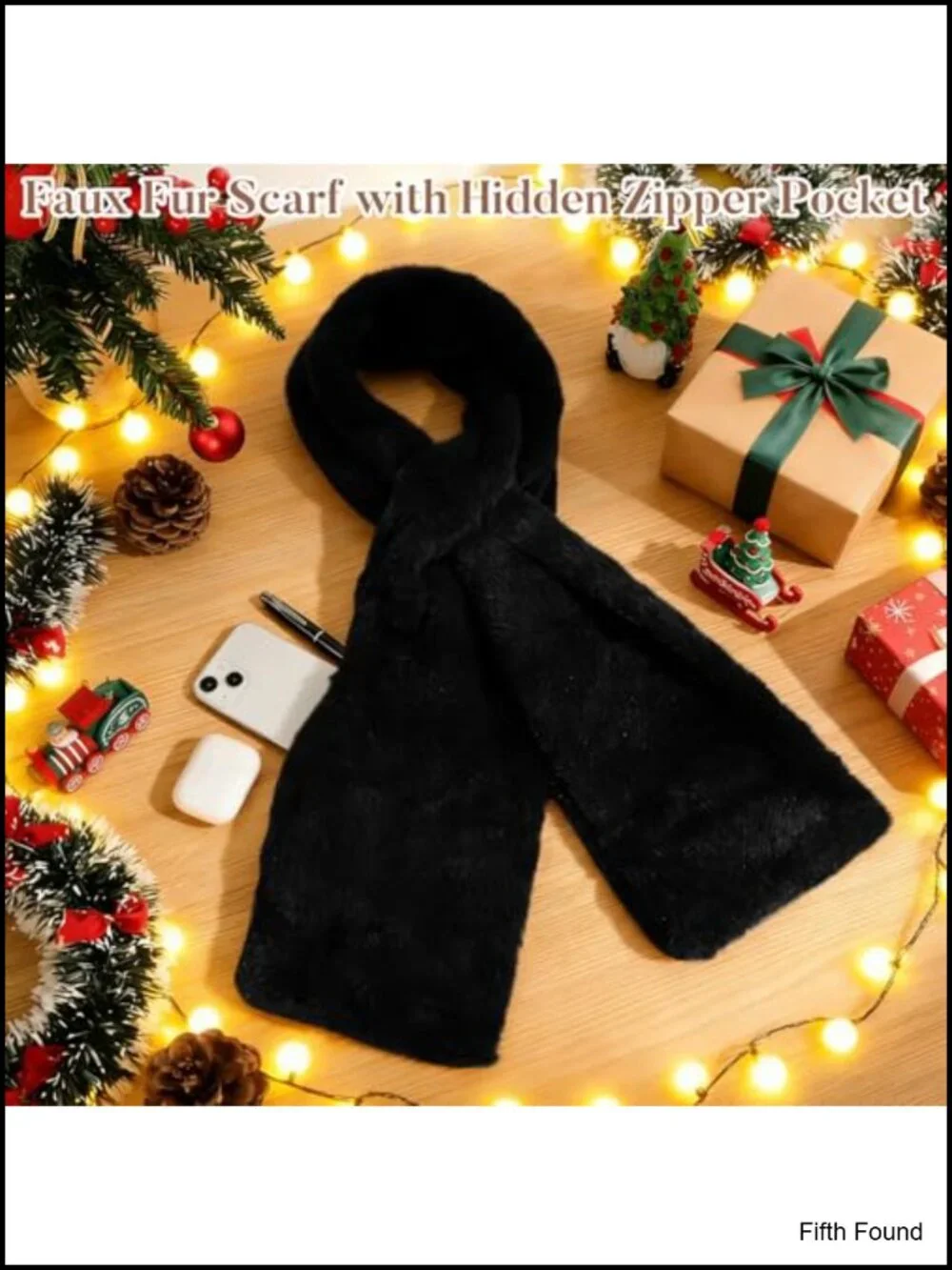 Faux Fur Pull Through Scarf Hidden Zipper Pocket Cozy Winter Wrap